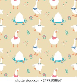 Seamless pattern with funny geese in cartoon style.Yellow background. Goose vector illustration. Perfect for baby shower, fabric print, textiles, cover design, greeting card and wrapping paper design.