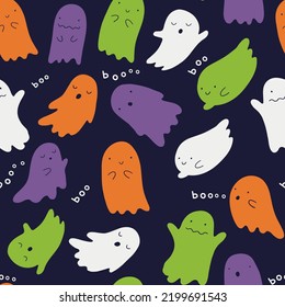 Seamless pattern with funny ghosts on dark background. Vector Halloween texture in flat style. Doodle style. For textiles, clothing, bed linen, office supplies.