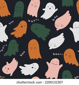 Seamless pattern with funny ghosts on dark background. Vector Halloween texture in flat style. Doodle style. For textiles, clothing, bed linen, office supplies.