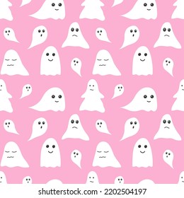 Seamless pattern with funny ghosts on a pink background. vector illustration