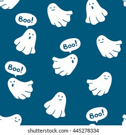 Seamless pattern of funny ghosts saying "Boo". Vector scary background. 
