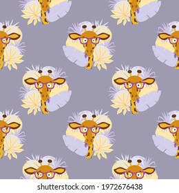 Seamless pattern with funny giraffe and tropical leaves. Childish print