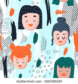 Seamless Pattern with Funny Girl Faces. Hand Drawn Childish Background with Abstract Elements for Fabric Textile, Wallpaper, Wrapping Paper, Decoration. Vector illustration