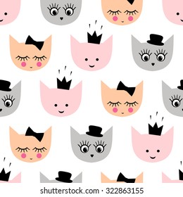 Seamless pattern with funny girlish cats with hat, crown, bow for kids holidays on white background. Cute  cartoon kitty vector background illustration.