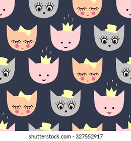 Seamless pattern with funny girlish cats with stylish accessories - hat, crown, bow. Cute cartoon kitty vector background illustration.