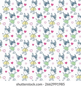 Seamless pattern with funny girls on a background of hearts