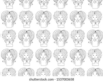 Seamless pattern funny girls smiling. line, drawing of cute girl. Art line illustration. Sketch for your design. Female character in the vector. Hand drawn female avatar. Black and white