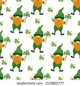 Seamless pattern with funny gnomes with leaves of clover for St. Patrick's Day on white background. Vector illustration, flat design