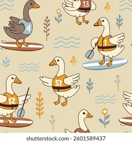 Seamless pattern with funny goose surfer. Summer print. Vector hand drawn illustration.