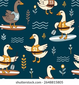 Padrão perfeito com surfista ganso engraçado. Impressão de verão. Ilustração desenhada à mão vetorial.