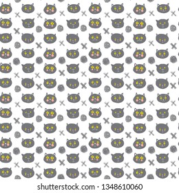 Seamless pattern funny gray cat face isolated on white background. simple ornament, Can be used for Gift wrap, fabrics, wallpapers. Vector