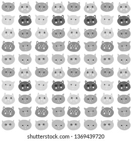 Seamless pattern funny gray cat face isolated on white background. simple ornament, Can be used for Gift wrap, fabrics, wallpapers. Vector