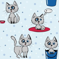 Seamless Pattern With Funny Gray Kittens. Vector Illustration In Cartoon Style