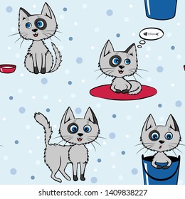 Seamless pattern with funny gray kittens. Vector illustration in cartoon style