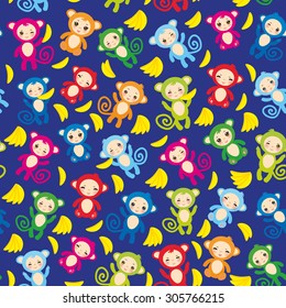 seamless pattern with funny green blue pink orange monkey, yellow bananas, boys and girls on blue background. Vector