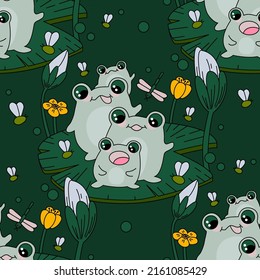 Seamless pattern with funny green frog family cartoon sitting on a leaf. Frogs sit on a leaf in the pond. Vector illustration in children's style. Green background