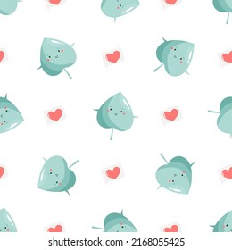 Seamless pattern with funny green leaves and hearts.
