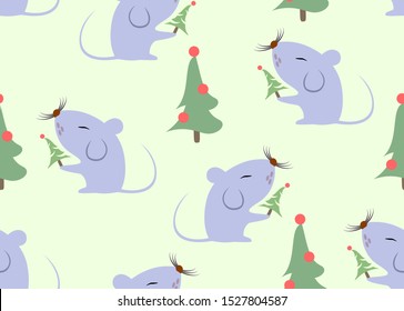 Seamless pattern with funny grey rats and christmas tree on light background. EPS10 vector illustration.