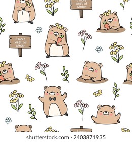 Seamless pattern funny groundhog day Spring Fabric textiles Nursery Clothing kids Doodle cartoon style