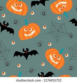 Seamless pattern of funny halloween characters such as pumpkin, bat and spider. Vector illustration on a dark background.