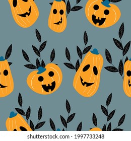 Seamless pattern of funny Halloween pumpkins among black bush plants. Vector illustration for Halloween party 