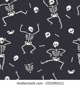 Seamless pattern with funny Halloween skeletons in different poses.Dancing, jumping, frightening