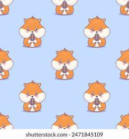 Seamless pattern with funny hamster eats seed on blue background. Cute rodent cartoon kawaii character. Vector illustration. Kids collection