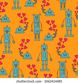 Seamless pattern with funny hand drawn robots and hearts. Sketch illustration. Vector.