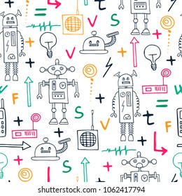 Seamless pattern with funny hand drawn robots and different items. Sketch illustration. Vector. 