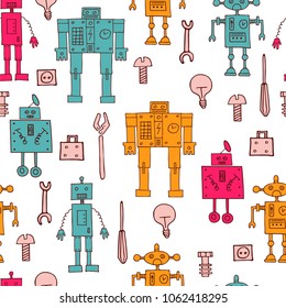 Seamless pattern with funny hand drawn robots and different items. Sketch illustration. Vector. 