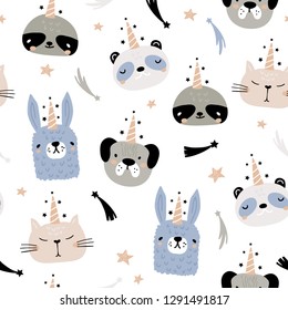 Seamless pattern with funny hand drawn unicorn animals. Creative childish texture. Great for fabric, textile Vector Illustration