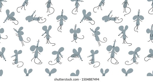 Seamless pattern with funny hand drawn mice. Funny rat in different poses on white background.Vector illustration.