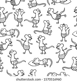 Seamless pattern with funny hand drawn Doodle mice, 2020 symbol, coloring page for kids
