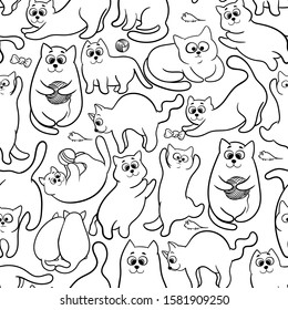 Seamless pattern with funny hand drawn cats. Animals vector illustration with adorable kittens. Tillable background for your fabric, textile design, wrapping paper, coloring book or wallpaper