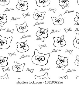 Seamless pattern with funny hand drawn cats. Animals vector illustration with adorable kittens. Tillable background for your fabric, textile design, wrapping paper, coloring book or wallpaper
