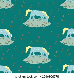 Seamless pattern with funny hand drawn blue horse with stains. Childish fairy tale Style. Repeating Pattern. Vector Illustration