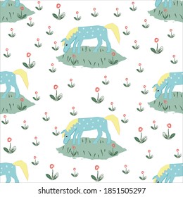 Seamless pattern with funny hand drawn blue horse with stains. Childish fairy tale Style. Repeating Pattern. Vector Illustration