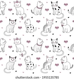Seamless pattern with funny hand drawn cats. Animals vector illustration with adorable kittens. Tillable background for your fabric, textile design, wrapping paper or wallpaper