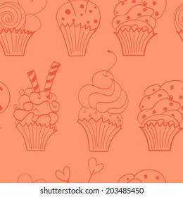 Seamless pattern with funny hand drawn cartoon cupcakes. Cute doodle tasty muffins on light background.