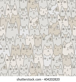 Seamless pattern with funny hand drawn cats. Animals vector illustration with adorable kittens. Tillable background for your fabric, textile design, wrapping paper or wallpaper.