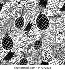 Seamless pattern with funny hand drawn cats and pineapples. Animals vector illustration with adorable black kitties and abstract doodles. Background for your fabric, textile design, wrapping paper