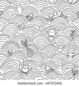 Seamless pattern with funny hand drawn cats, fish and mermaids. Animals vector illustration with adorable doodle sea waves. Background for your fabric, textile design, wrapping paper