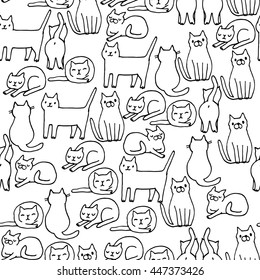 Seamless pattern with funny hand drawn cats. Animals vector illustration with adorable white kitties. Background for your fabric, textile design, wrapping paper