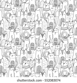 Seamless pattern with funny hand drawn cats. Animals vector illustration with adorable pets. Tillable background for your fabric, textile design, wrapping paper or wallpaper.