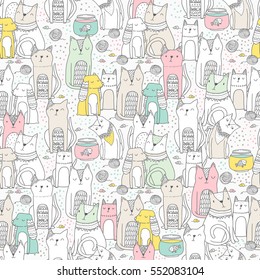 Seamless pattern with funny hand drawn cats and spaniel dogs. Animals vector illustration with adorable pets. Tillable background for your fabric, textile design, wrapping paper or wallpaper.