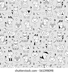 Seamless Pattern With Funny Hand Drawn Origami Cats. Animals Vector Illustration With Adorable Kittens. Tillable Background For Your Fabric, Textile Design, Wrapping Paper Or Wallpaper.