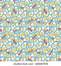 Seamless pattern with funny hand drawn eggs and bacon. Breakfast food vector illustration with adorable objects. Tillable background for your fabric, textile design, wrapping paper or wallpaper.