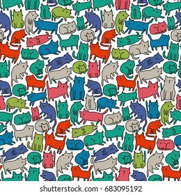 Seamless pattern with funny hand drawn cats. Animals vector illustration with adorable pets. Tillable background for your fabric, textile design, wrapping paper or wallpaper.