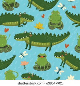 Seamless pattern with funny hand-draw crocodile, waterlily, hearts, frogs and dragonflies in cartoon style. Vector children illustration.
