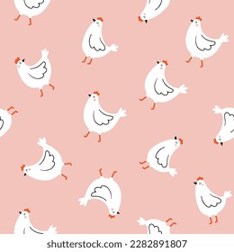 Seamless pattern with funny hand-drawn chickens on a light pink background.